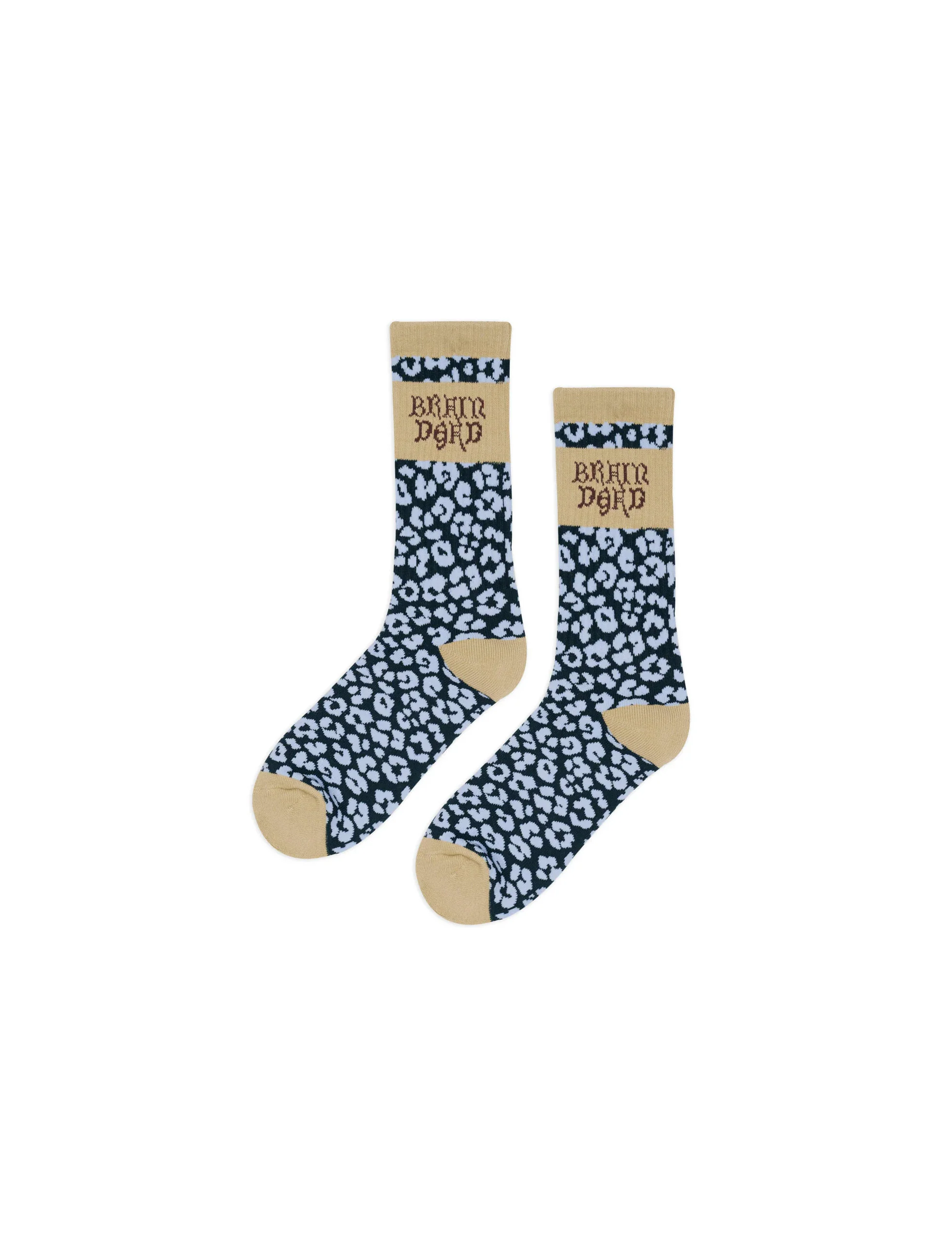 BRAIN DEAD Paneled Logo Crew Socks - Blue Leopard/Khaki - Image 2