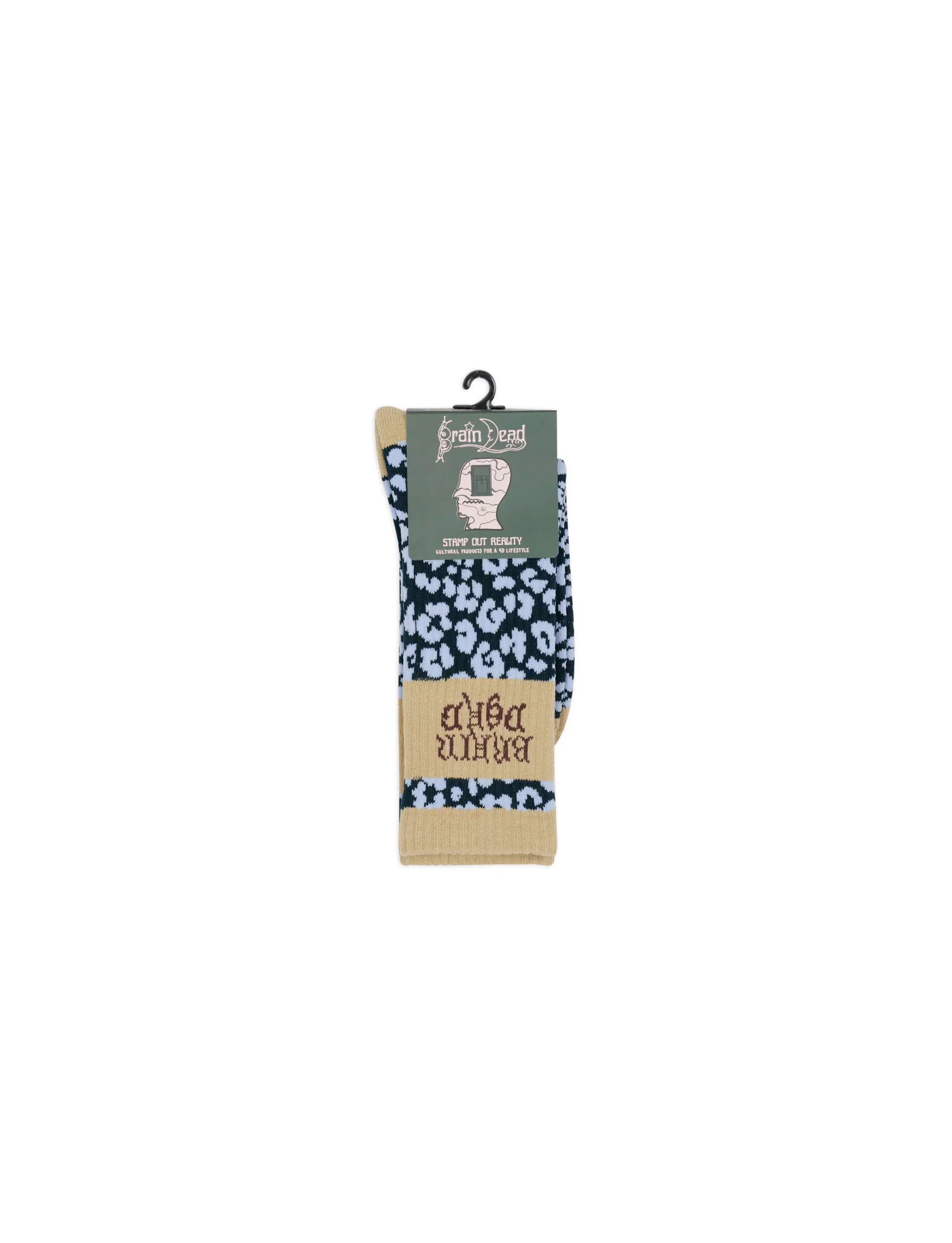 BRAIN DEAD Paneled Logo Crew Socks - Blue Leopard/Khaki - Image 3