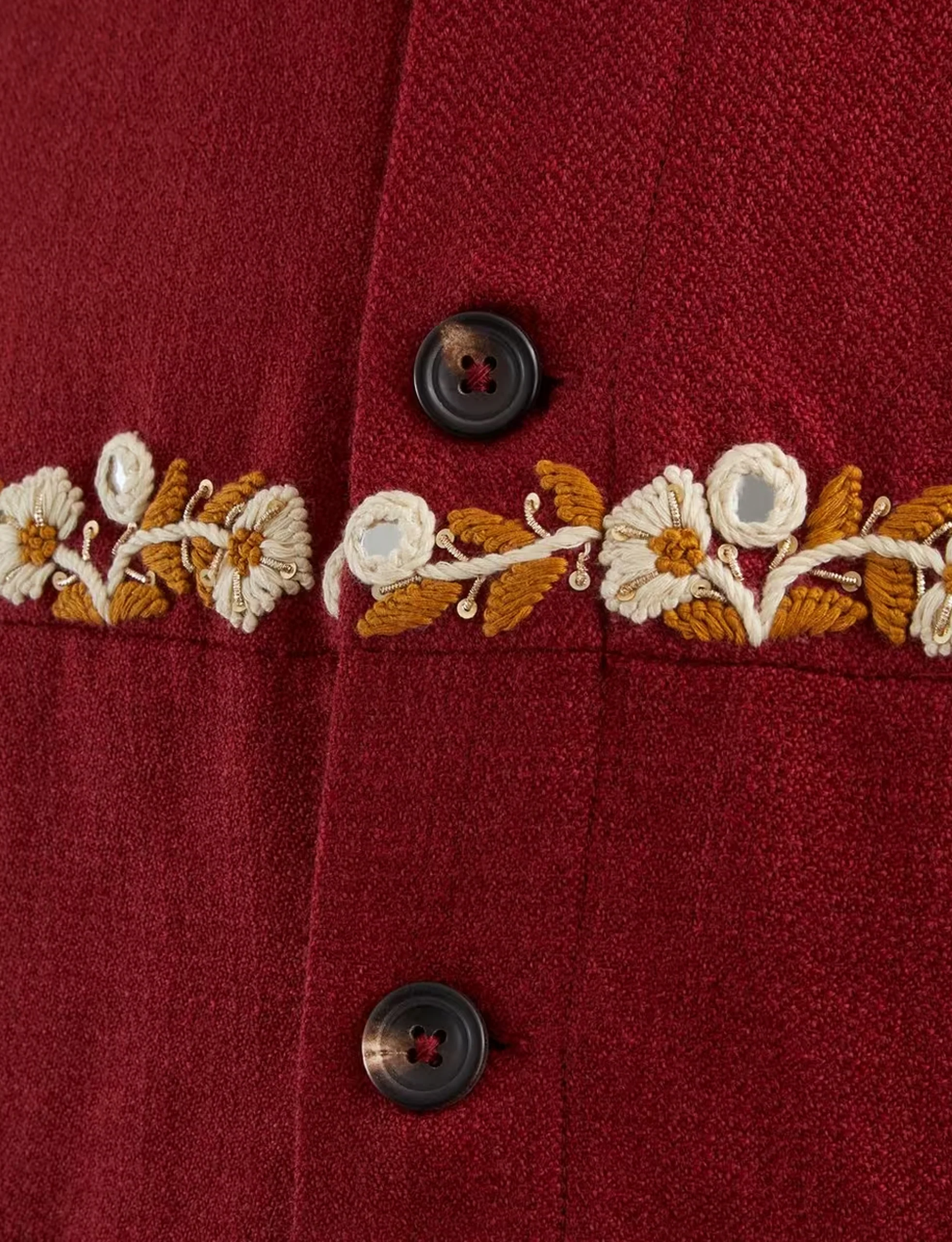 KARTIK RESEARCH Rishikesh Jacket Embroidered Yoke Detail Handwoven Fabric Red/Gold/Ecru - Image 2
