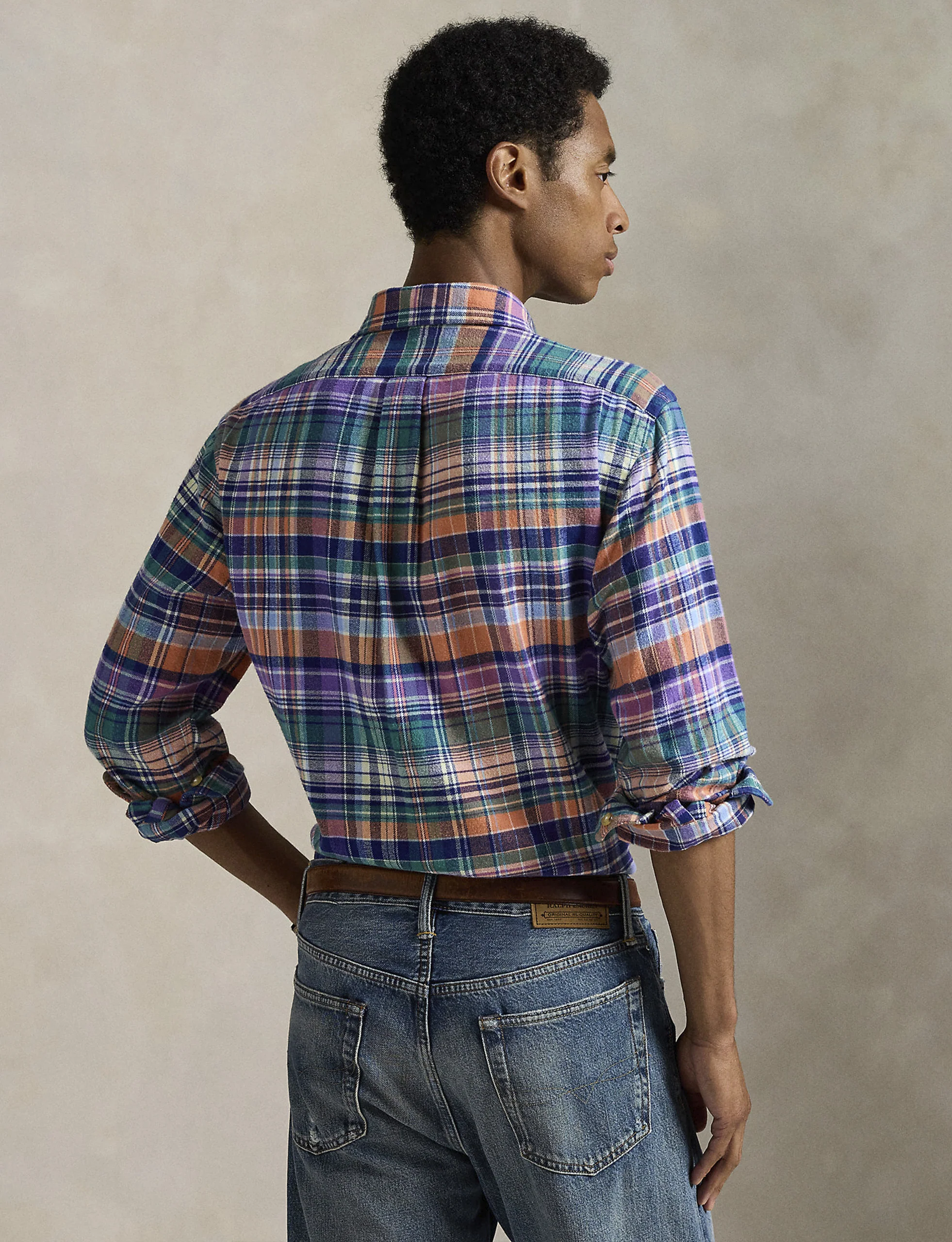 POLO RALPH LAUREN CLASSIC FIT PLAID BRUSHED TWILL SHIRT NAVY ORANGE - Image 3
