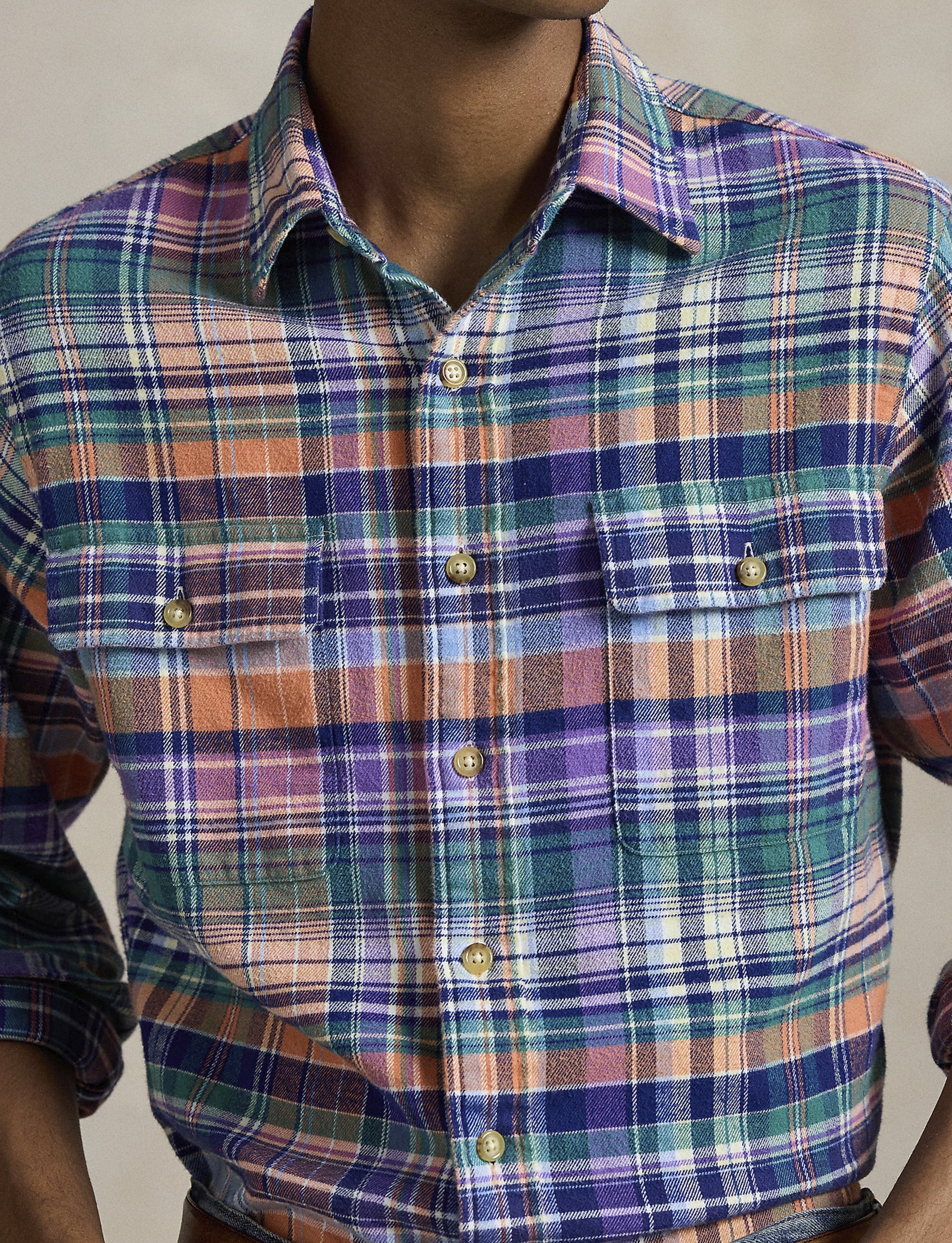 POLO RALPH LAUREN CLASSIC FIT PLAID BRUSHED TWILL SHIRT NAVY ORANGE - Image 4